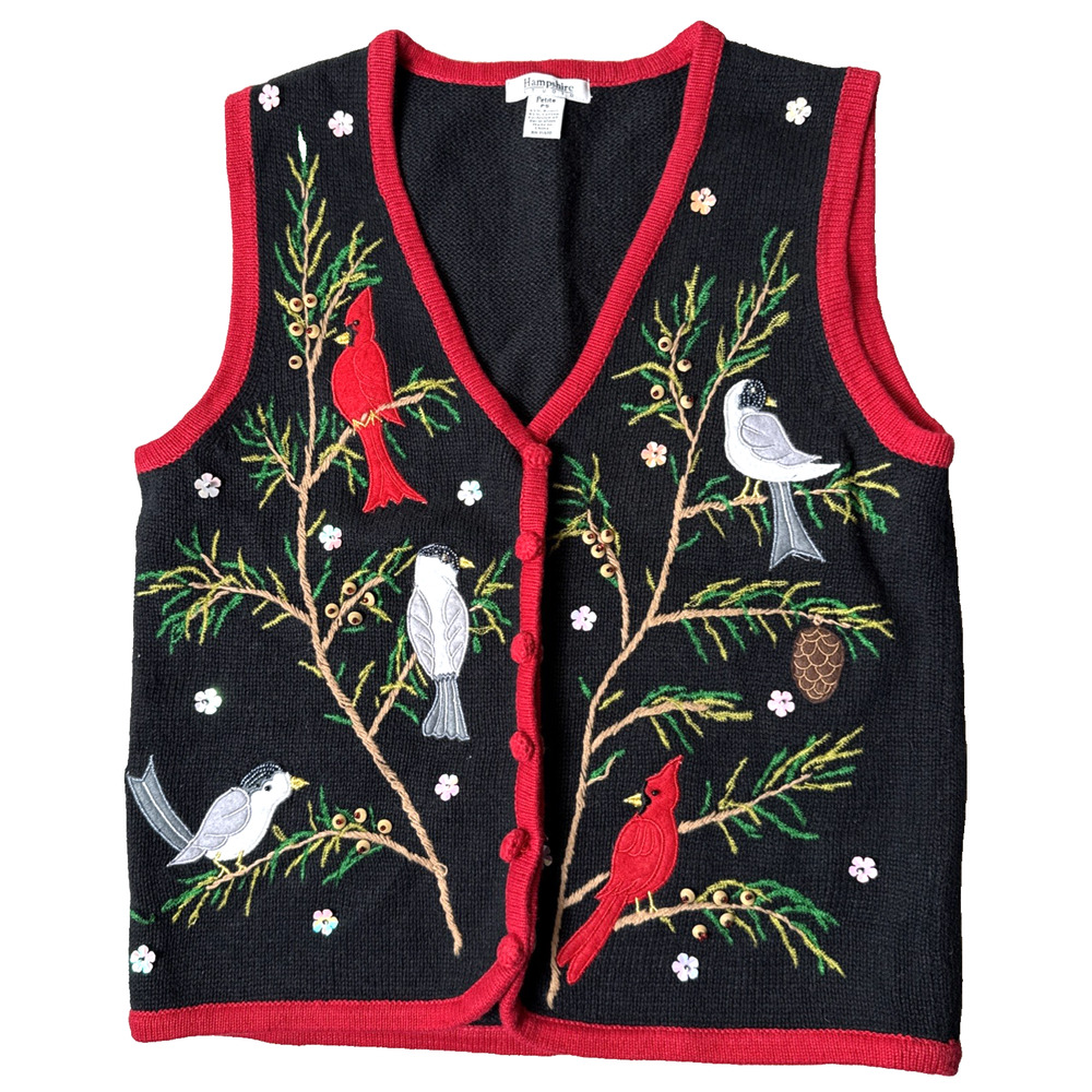 Vintage Christmas Sweater Vest Size Petite Small Birds Theme Winter Colorful